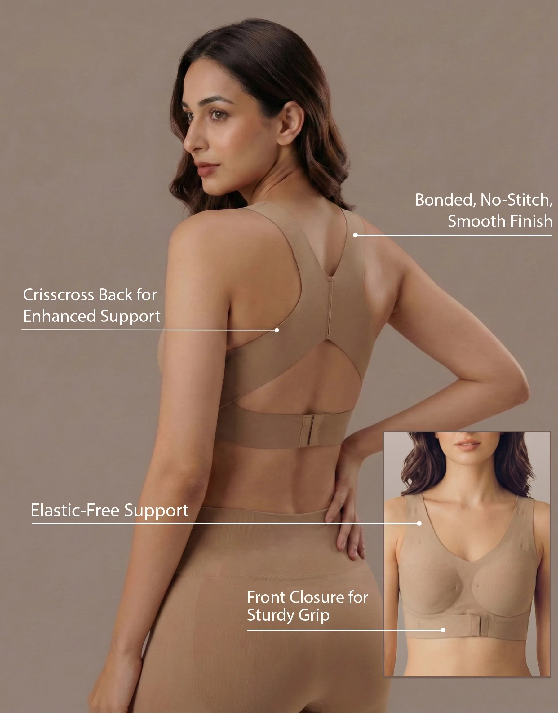 Bonded Gym Bra with Crisscross Back | Padded | Breathable Cotton (TW-SB-997)(Fawn) - Image 4