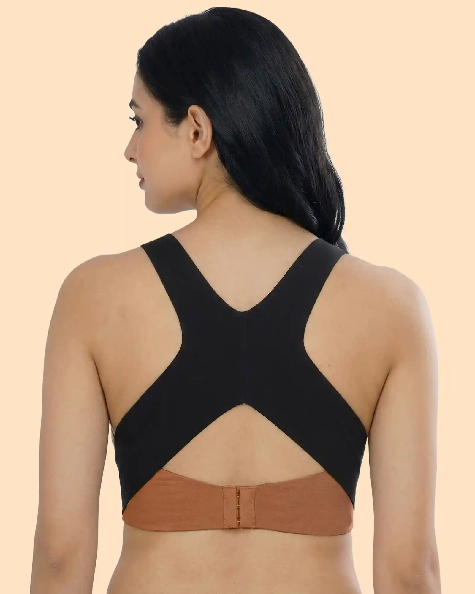 Bonded Gym Bra with Crisscross Back | Padded | Breathable Cotton (TW-SB-9977-FWN+BLK) - Image 3